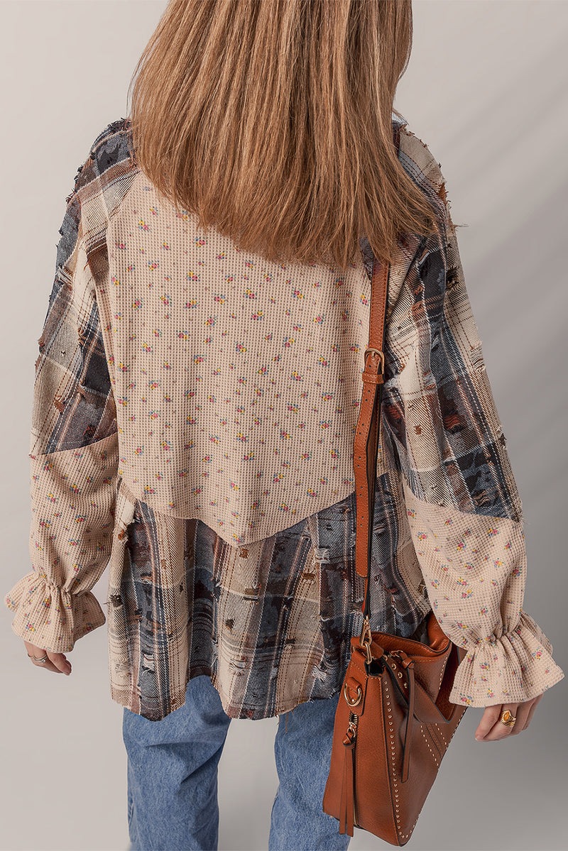 Mist Green Boho Floral Plaid Patchwork Waffle Knit Distressed Jacket