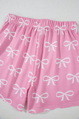 Pink Waffle Knit Bowknot Printed V Neck T Shirt And Shorts Set