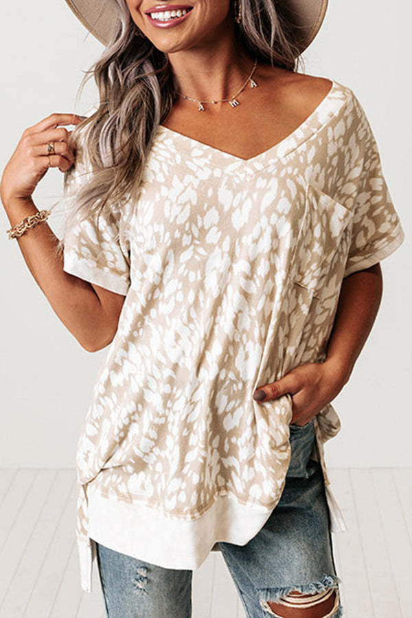 Khaki Leopard Print V Neck Side Slit Loose Fit T-Shirt
