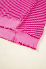 Strawberry Pink Twisted Ribbed Seamed Patchwork Long Sleeve Top