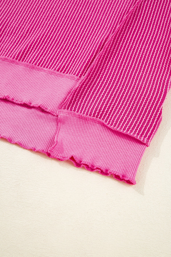 Strawberry Pink Twisted Ribbed Seamed Patchwork Long Sleeve Top