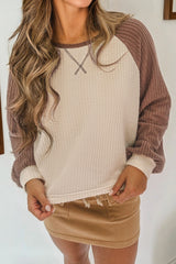 Camel Waffle Color Block Raglan Sleeve Top