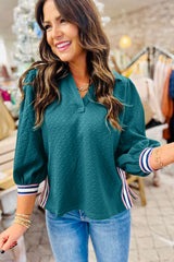 Blackish Green Textured V Neck Colorblock Cuffs Sweatshirt