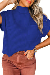 Dark Blue Patch Pocket Ribbed Knit Short Sleeve Sweater