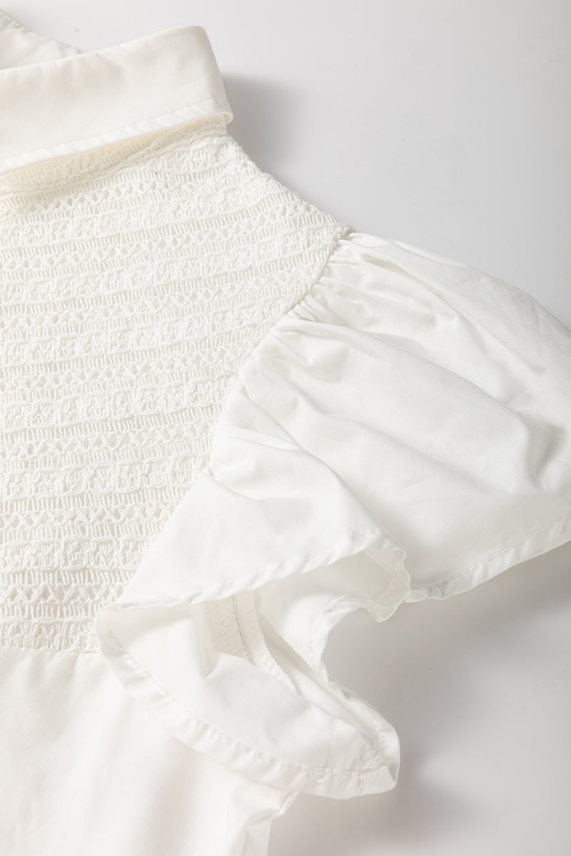 White Crochet Patchwork Ruffle Sleeve Blouse