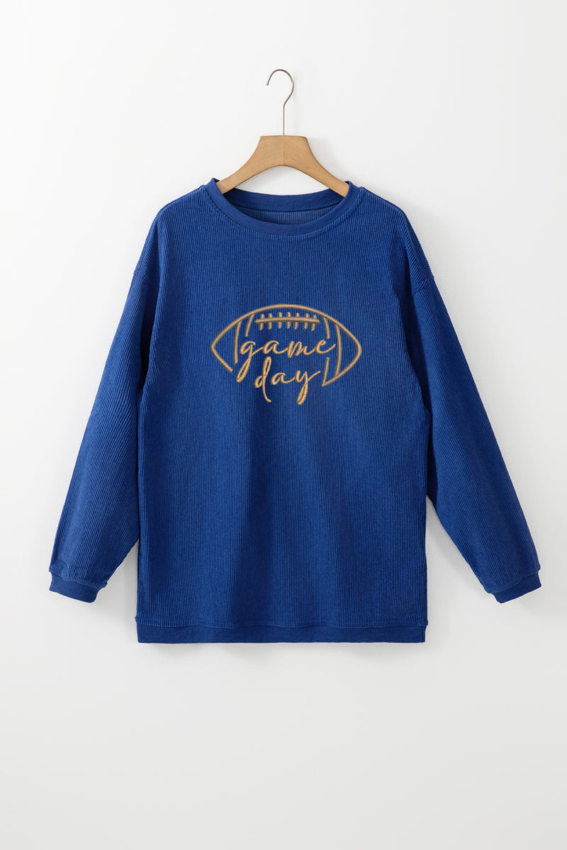 White Football Graphic Drop Shoulder Game Day Corded Sweatshirt