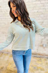 Green Stripe Quarter Zip Collar Long Sleeve Top