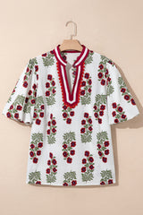 Black Plus Size Floral Print Ricrac Striped Trim Short Sleeve Cotton Blouse