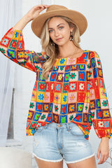Multicolor 60s Flower Pattern Lantern Sleeve Square Neck Top