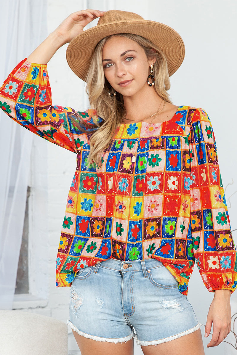 Multicolor 60s Flower Pattern Lantern Sleeve Square Neck Top