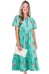 Green Floral Print Notched Neck Flounce Sleeve Midi Dress