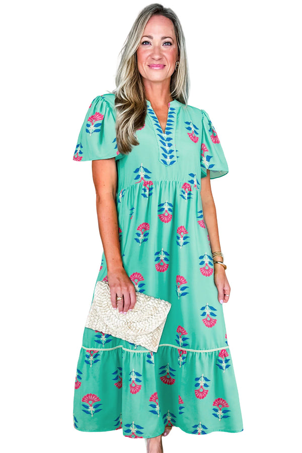 Green Floral Print Notched Neck Flounce Sleeve Midi Dress