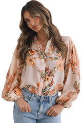 Orange Floral Puff Sleeve Lightweight Shirt