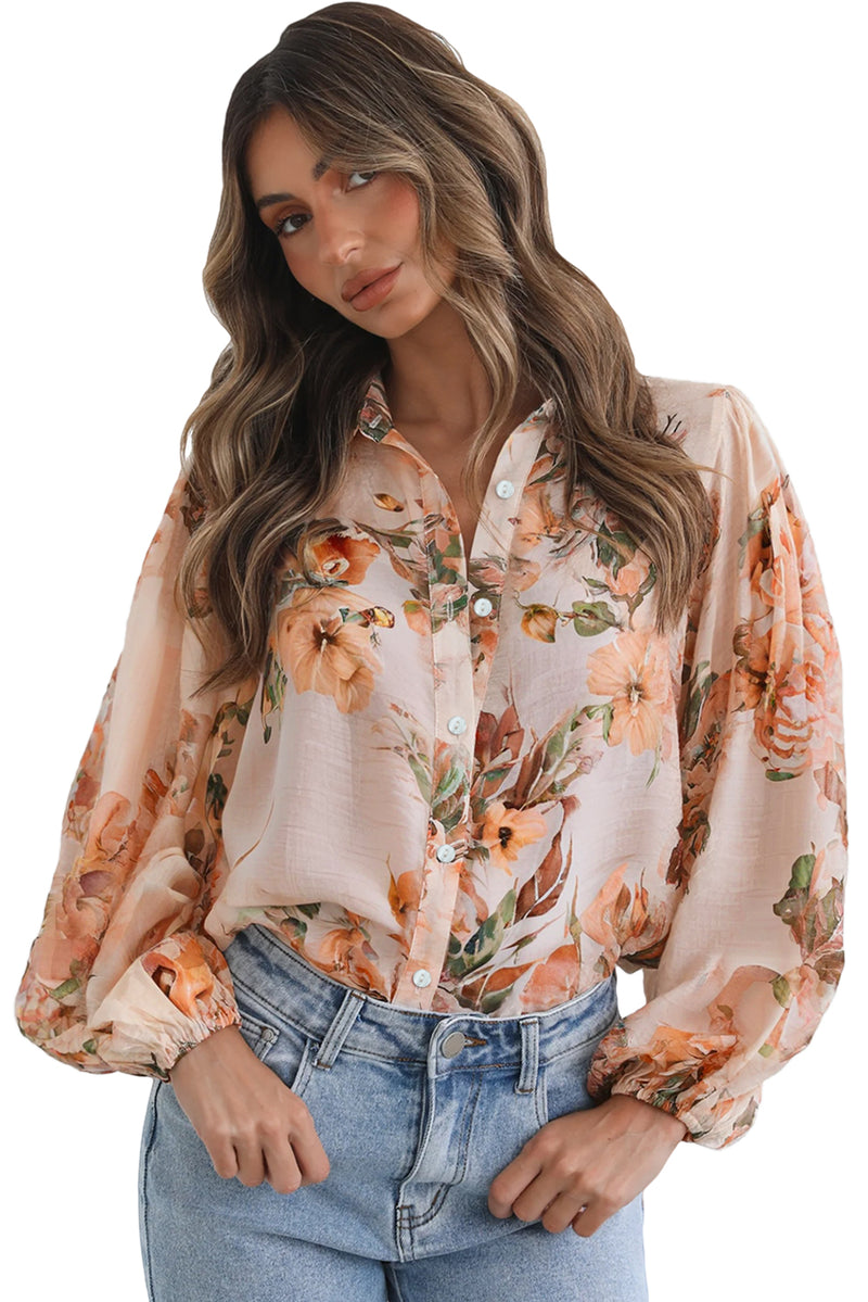 Orange Floral Puff Sleeve Lightweight Shirt