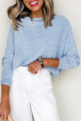 Beau Blue Solid Color Boat Neck Batwing Long Sleeve Top