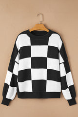 Pink Checked Bishop Sleeve Pullover Sweater
