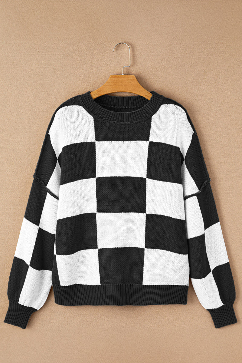 Pink Checked Bishop Sleeve Pullover Sweater
