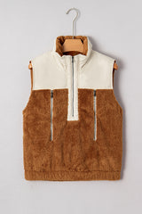 Chestnut Plush Patchwork Zipper Stand Neck Vest