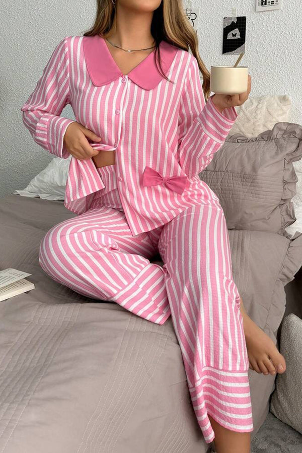 Pink Striped Sweet Bow Decor Peter Pan Collar Pullover Pants Pajama Set