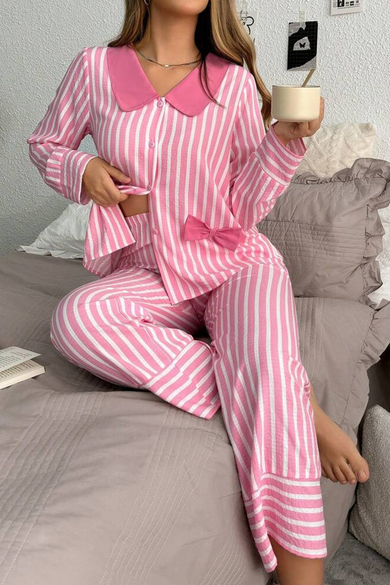 Pink Striped Sweet Bow Decor Peter Pan Collar Pullover Pants Pajama Set
