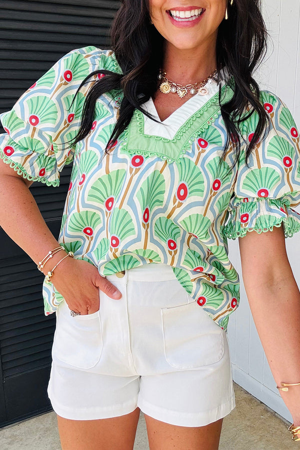 Green Floral Print Ricrac Trim Pop of Color V Neck Bubble Sleeve Blouse
