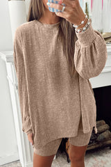 Dark Khaki Ribbed Balloon Sleeve Pullover Top and Biker Knitted Shorts Set