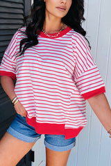 Red Stripe Drop Shoulder Half Sleeve T Shirt