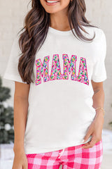 White Floral MAMA Lettering Printed Tee