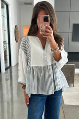 Gray Stripe Half Button Gauze Patchwork Bracelet Sleeve Babydoll Blouse