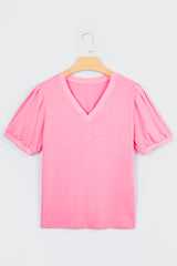 Bonbon Solid Color V Neck Short Puff Sleeve Blouse