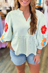Green Stripe Flower Puff Sleeve Notch Neck Babydoll Blouse