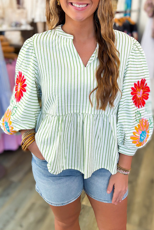 Green Stripe Flower Puff Sleeve Notch Neck Babydoll Blouse