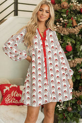 White Christmas Print Patchwork Long Sleeve Pajama Dress