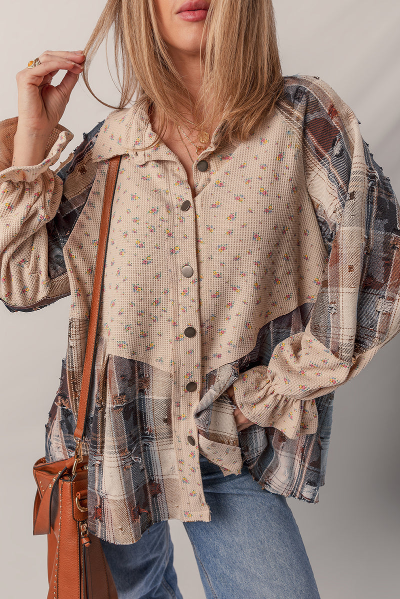 Mist Green Boho Floral Plaid Patchwork Waffle Knit Distressed Jacket
