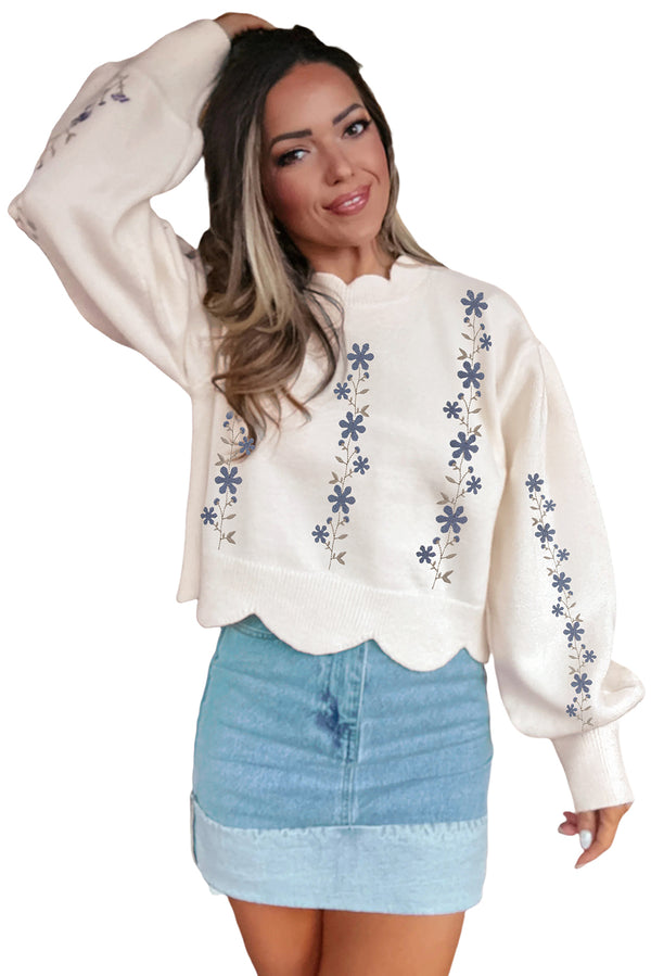 White Floral Embroidered Scallop Hem Cropped Sweater