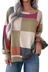 Green Checkered Print Textured Knit Long Sleeve Loose Top