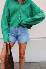 Bright Green Solid Color Button Drop Shoulder Knit Cardigan