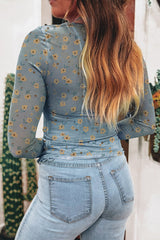 Pink Floral Print Mesh Slim Fit Long Sleeve Top