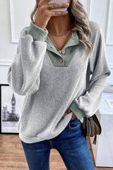 Jet Stream Contrast Ribbed Loose Fit Henley Top