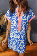 Blue Western Fashion Print Striped Color Block Patchwork Shift Mini Dress
