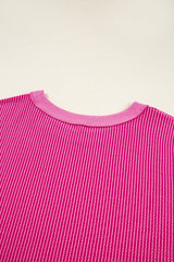 Strawberry Pink Twisted Ribbed Seamed Patchwork Long Sleeve Top