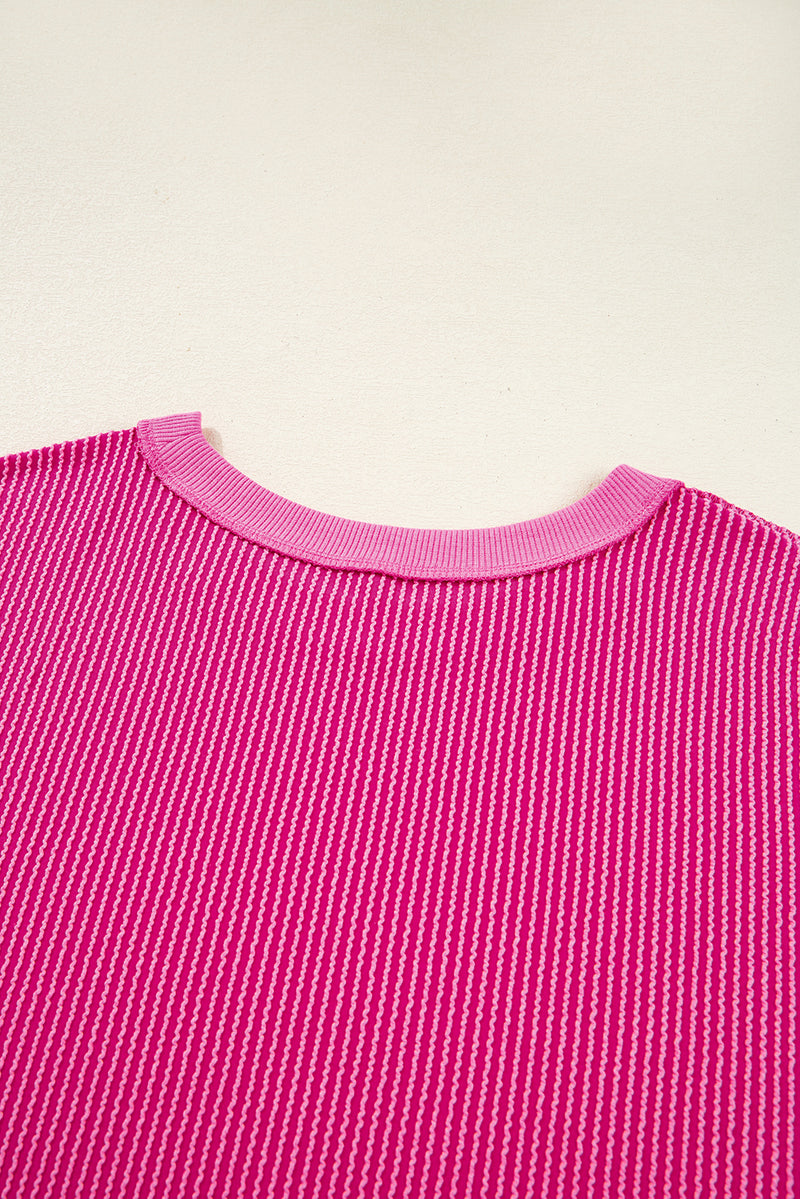 Strawberry Pink Twisted Ribbed Seamed Patchwork Long Sleeve Top