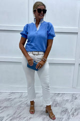 Sky Blue Striped Frilled Collar Short Sleeve Top