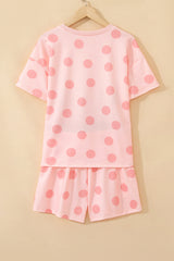 Sky Blue Polka Dot Print Loose Tee Drawstring Elastic Waist Short Set