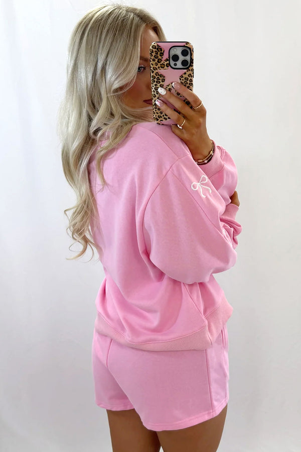 Sachet Pink Bow Embroidery Long Sleeve Pullover and High Waist Shorts Set
