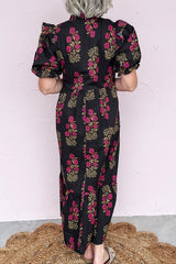 Black Floral Short Bubble Sleeve Tiered Maxi Dress