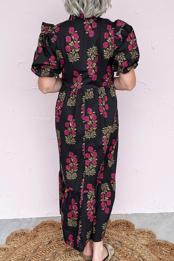 Black Floral Short Bubble Sleeve Tiered Maxi Dress