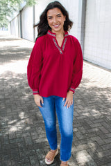 Racing Red Leopard Ricrac Applique V Neck Blouse