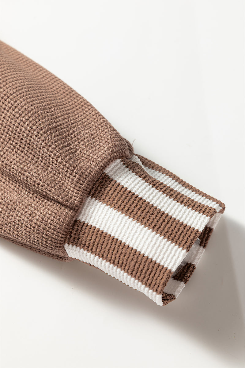 Straw Yellow Waffle Texture Striped Patchwork Drawstring Henley Hooded Top