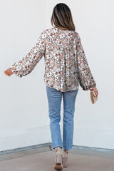 Khaki Bold Floral Print Frilled Puff Sleeve Button Down Shirt